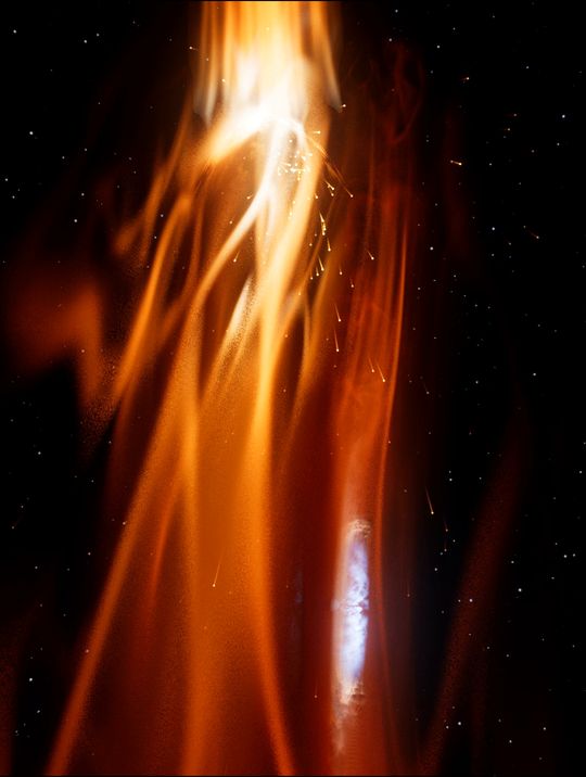 Filaments of gold fire twist around the hot spot where the stream strikes