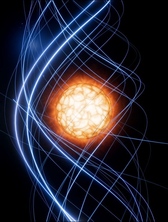 Blue magnetic filaments loop around a small burning star