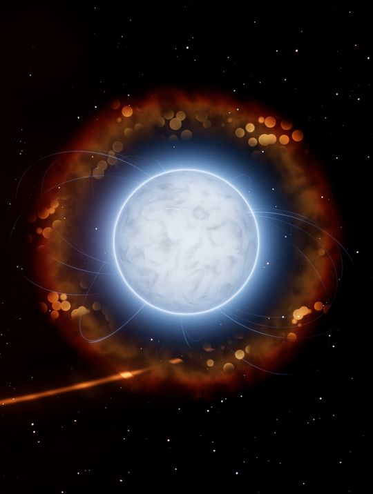 Survival: the white dwarf glows blue-white inside a ring of ember