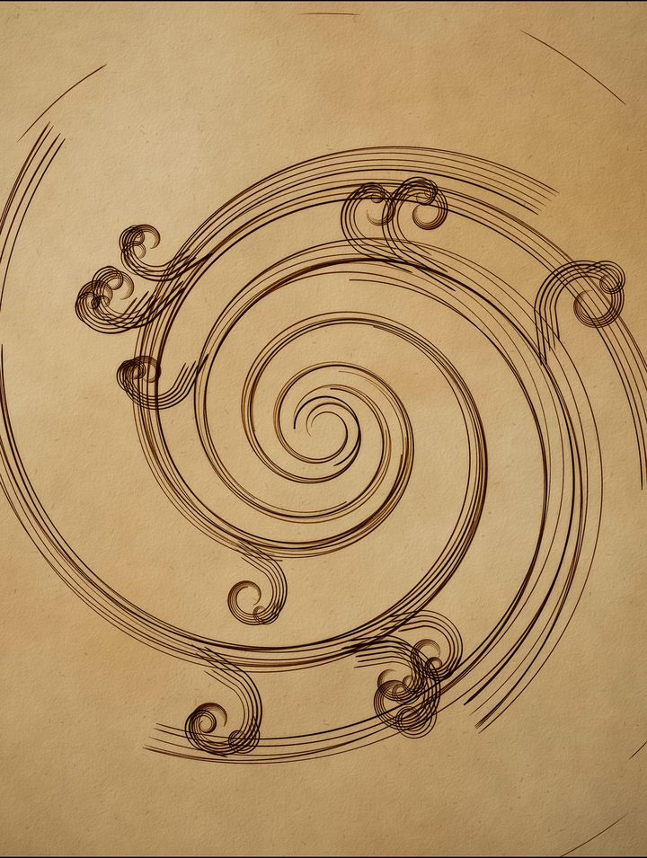 Ink study of the deluge: water curling into a spiral