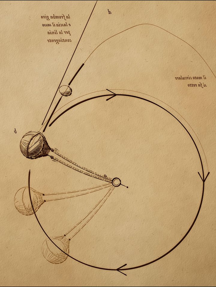 Ink study of a sling: the stone's path wheels around the hand
