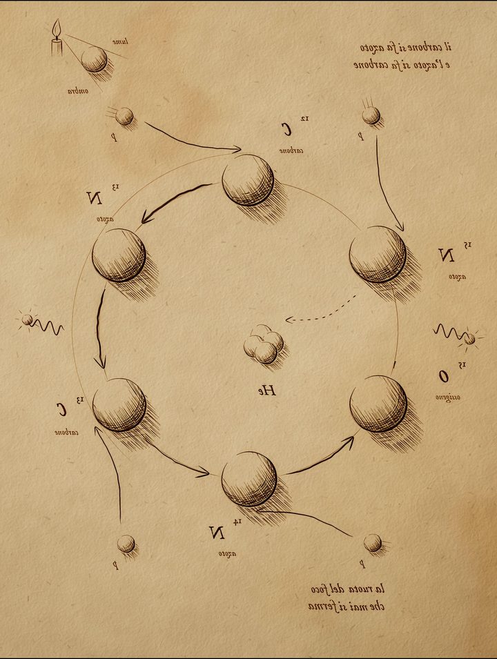 Ink study of the CNO cycle: six nuclei in a ring, arrows between them